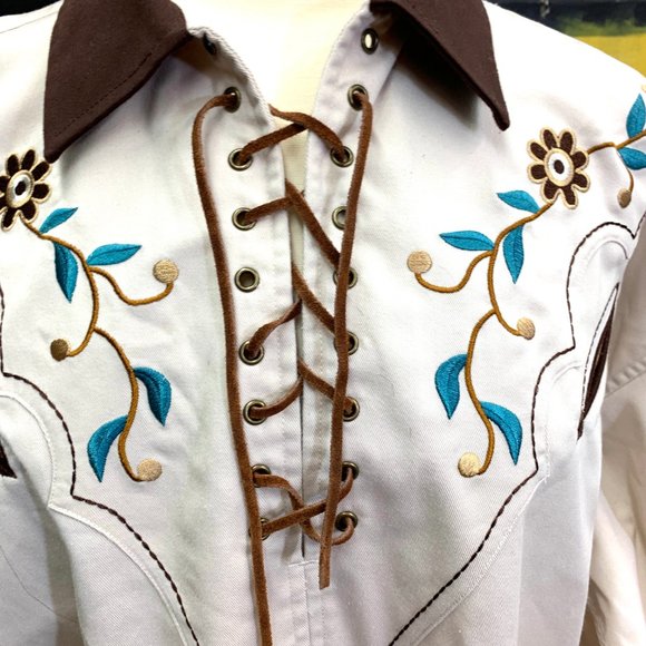 Western Mens Shirt, Leather lace yoke, smile pocke - Picture 4 of 6